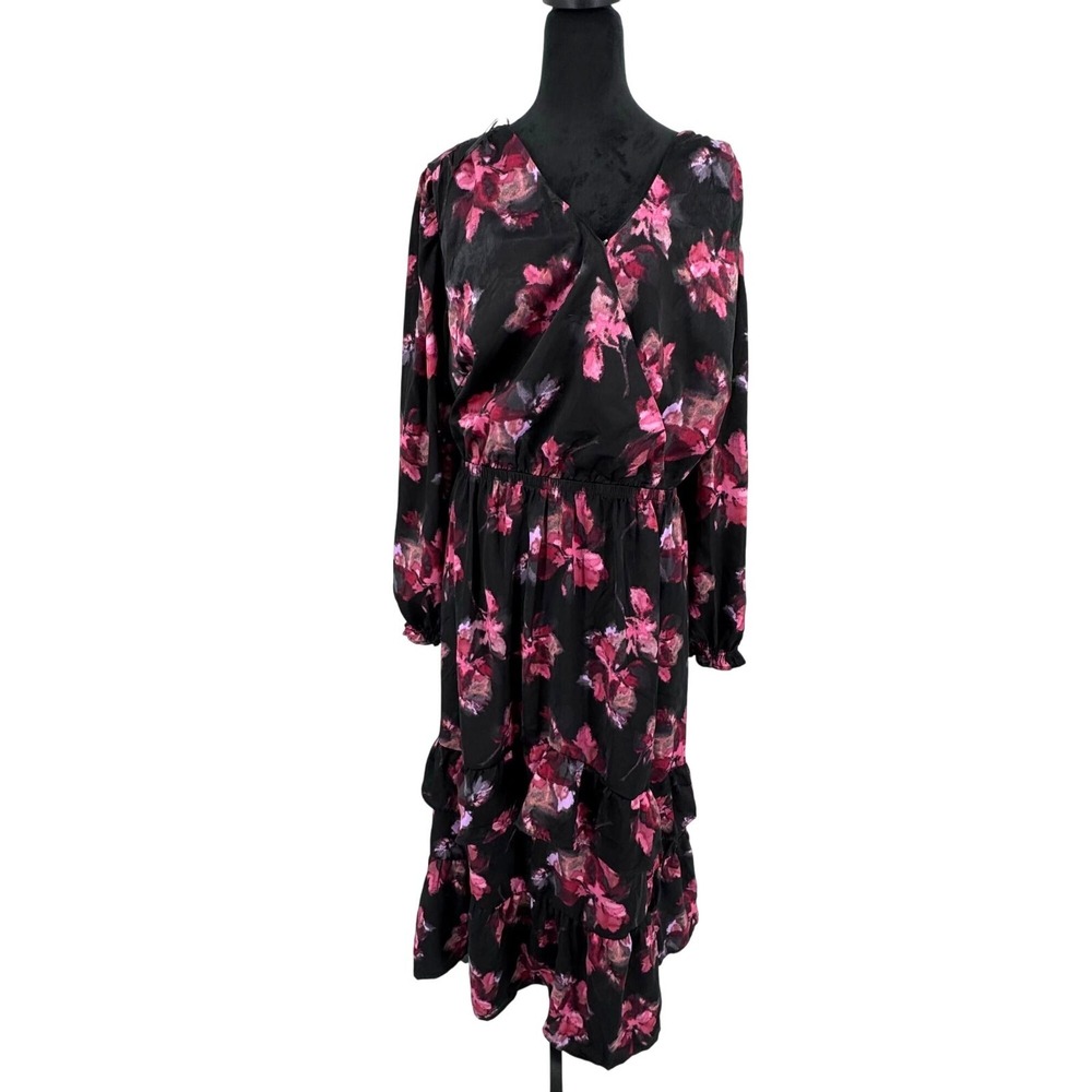Terra Sky Womens 2X Pink Dark Floral Faux Wrap Tiered Midi Dress Boho Tiered